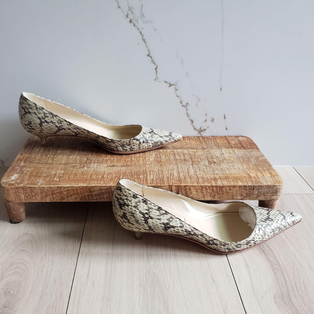 Jimmy Choo Pumps Womens 7 Beige Snake Print Leather Pointed Kitten Heel Italy